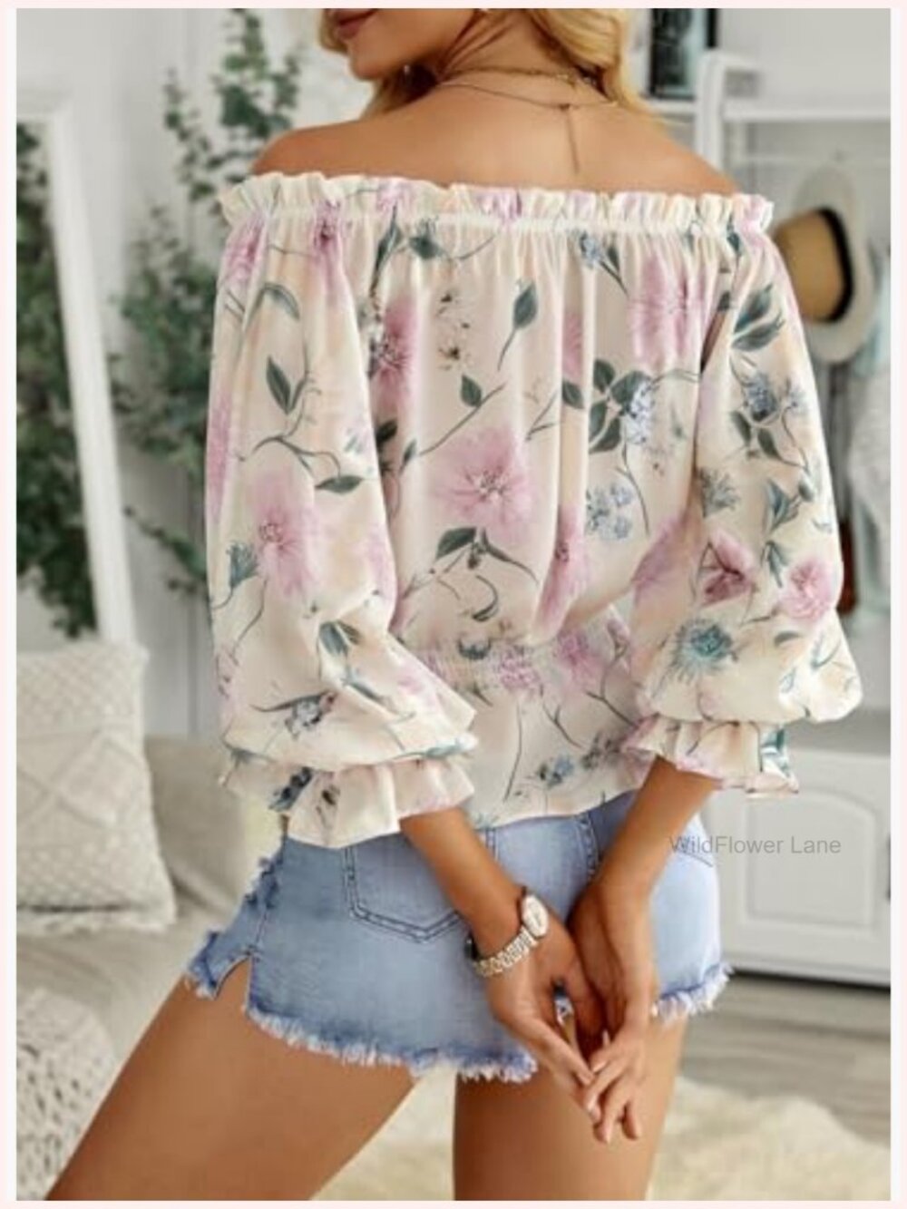 Off Shoulder Ruffle Sleeve Blouse Floral Chiffon Top - Picture 2 of 7